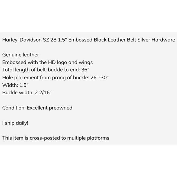 Harley-Davidson SZ 28 1.5" Embossed Black Leather Belt Silver Hardware - Picture 5 of 5